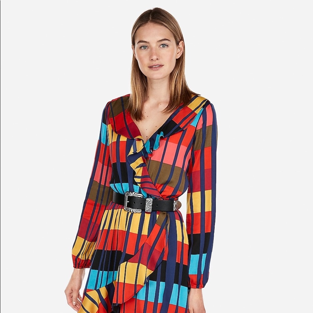 Express color block ruffle waist dress